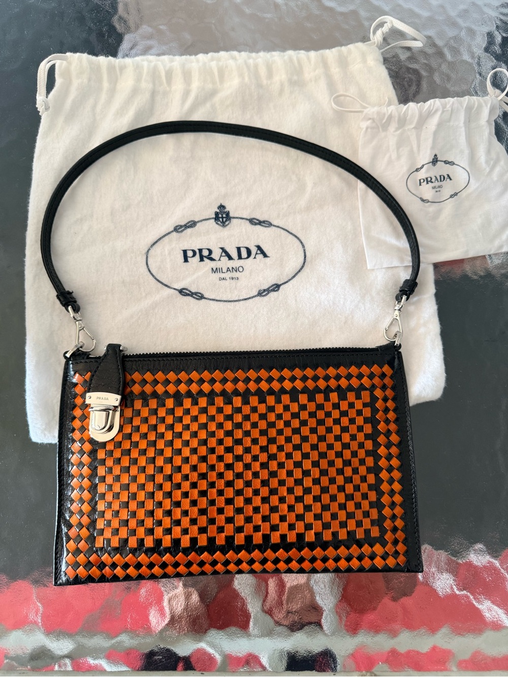 Prada Orange & Black Woven Madras Leather Clutch Bag with Shoulder Strap - Picture 5 of 6